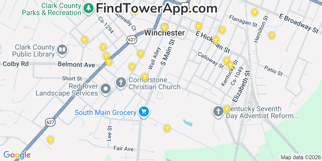 Map showing the 20 primary cell tower locations detected in Winchester, Kentucky from AT&T, Verizon, and T-Mobile networks