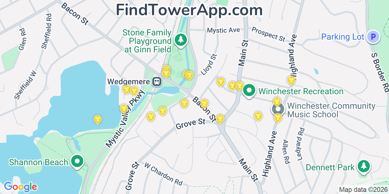 Map showing the 20 primary cell tower locations detected in Winchester, Massachusetts from AT&T, Verizon, and T-Mobile networks