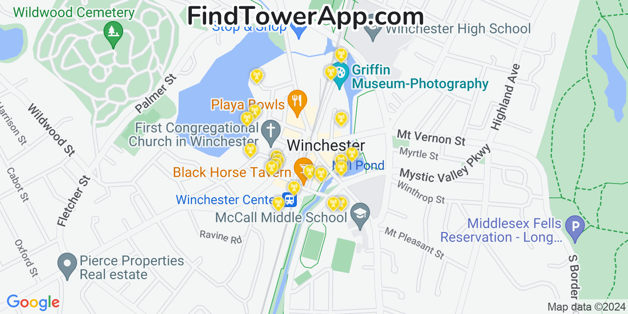 Verizon 4G/5G cell tower coverage map Winchester, Massachusetts