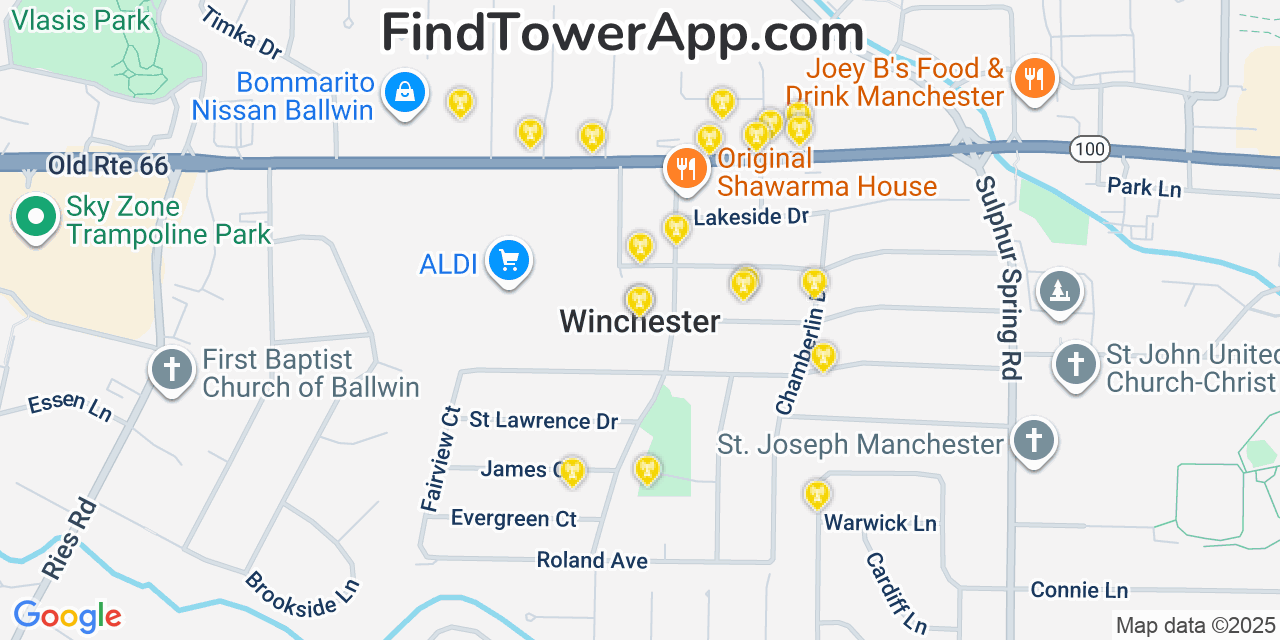 Map showing the 20 primary cell tower locations detected in Winchester, Missouri from AT&T, Verizon, and T-Mobile networks