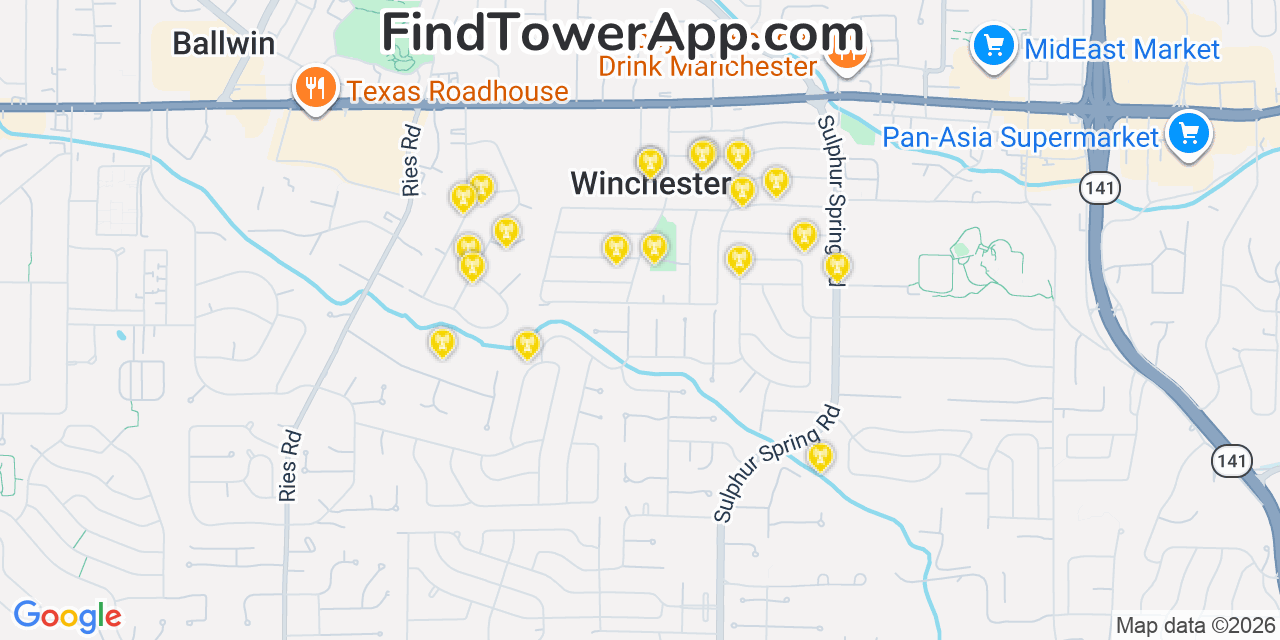 Map showing the 20 primary cell tower locations detected in Winchester, Missouri from AT&T, Verizon, and T-Mobile networks