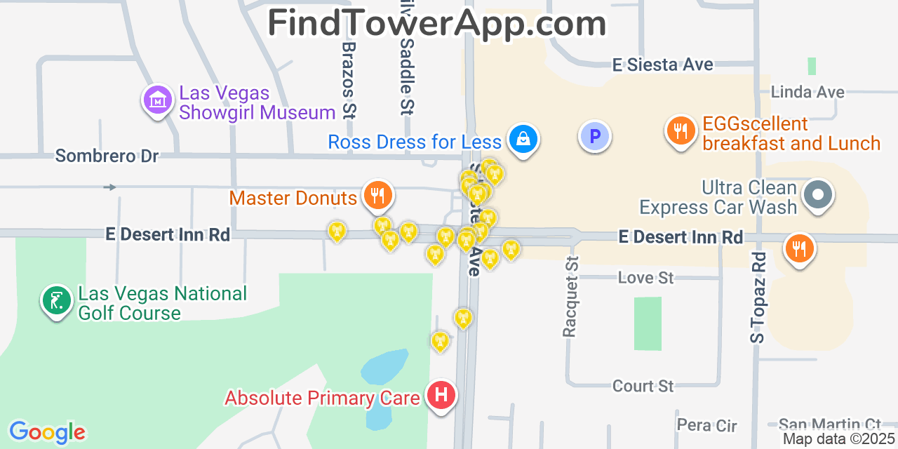 Map showing the 20 primary cell tower locations detected in Winchester, Nevada from AT&T, Verizon, and T-Mobile networks