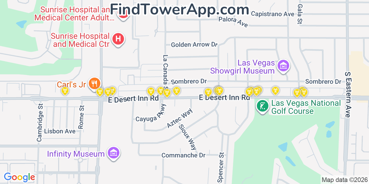Map showing the 20 primary cell tower locations detected in Winchester, Nevada from AT&T, Verizon, and T-Mobile networks