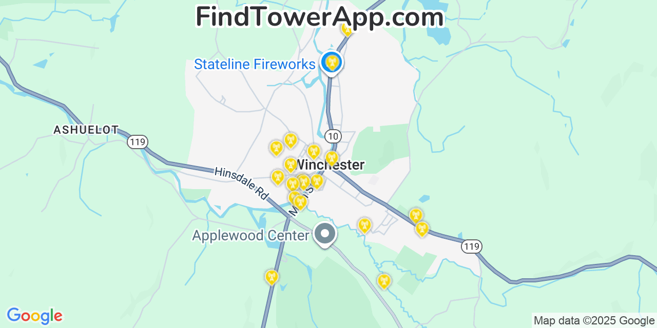 Map showing the 20 primary cell tower locations detected in Winchester, New Hampshire from AT&T, Verizon, and T-Mobile networks