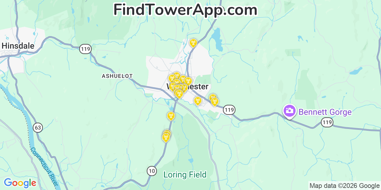 Map showing the 20 primary cell tower locations detected in Winchester, New Hampshire from AT&T, Verizon, and T-Mobile networks