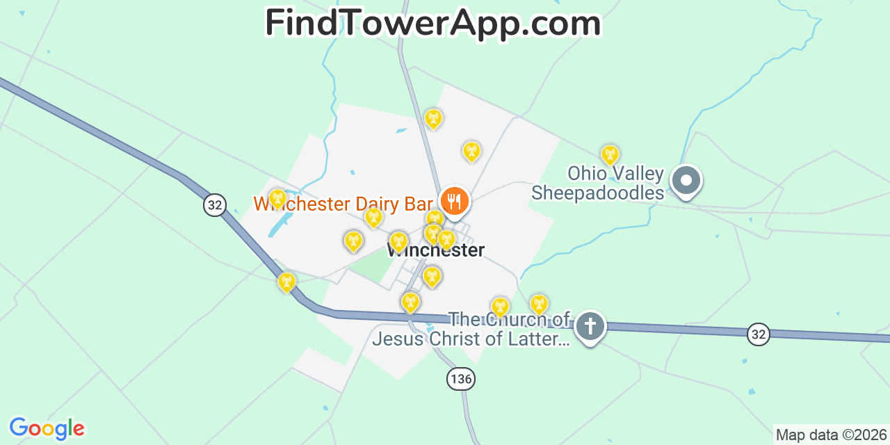 Map showing the 20 primary cell tower locations detected in Winchester, Ohio from AT&T, Verizon, and T-Mobile networks