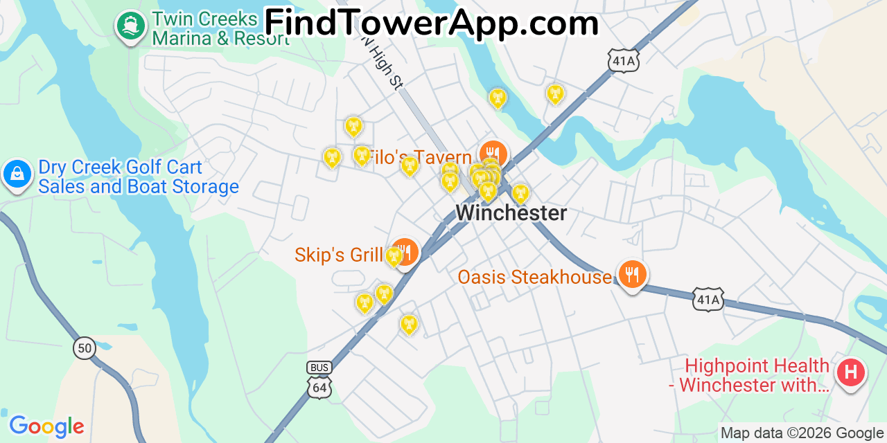 Map showing the 20 primary cell tower locations detected in Winchester, Tennessee from AT&T, Verizon, and T-Mobile networks