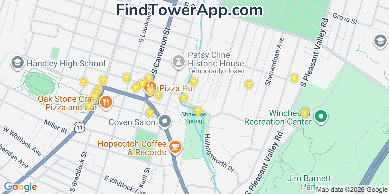 Map showing the 20 primary cell tower locations detected in Winchester, Virginia from AT&T, Verizon, and T-Mobile networks