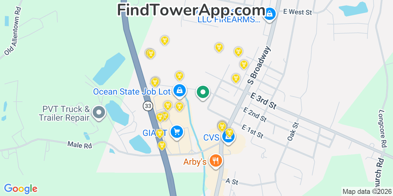 Map showing the 20 primary cell tower locations detected in Wind Gap, Pennsylvania from AT&T, Verizon, and T-Mobile networks