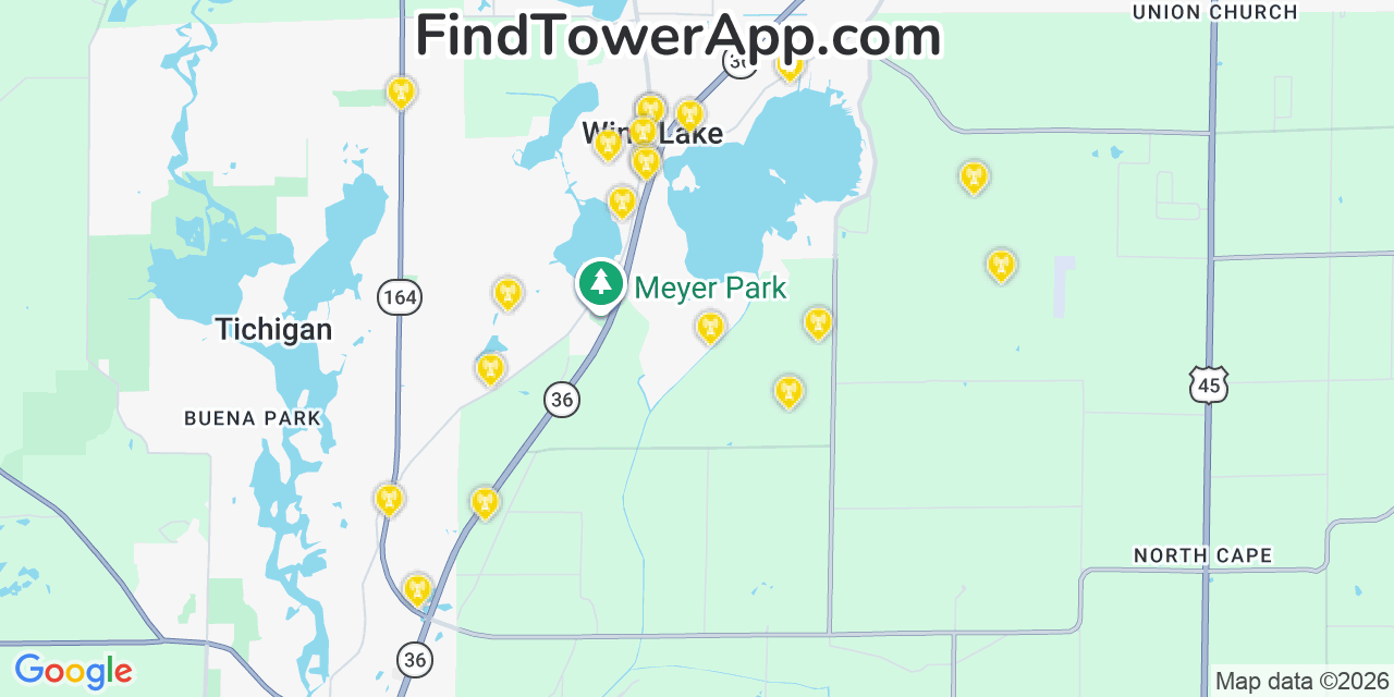 Map showing the 20 primary cell tower locations detected in Wind Lake, Wisconsin from AT&T, Verizon, and T-Mobile networks