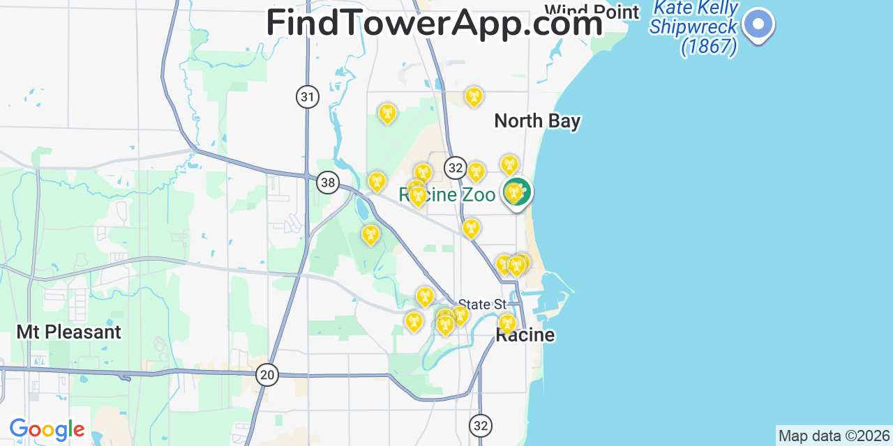 Map showing the 20 primary cell tower locations detected in Wind Point, Wisconsin from AT&T, Verizon, and T-Mobile networks