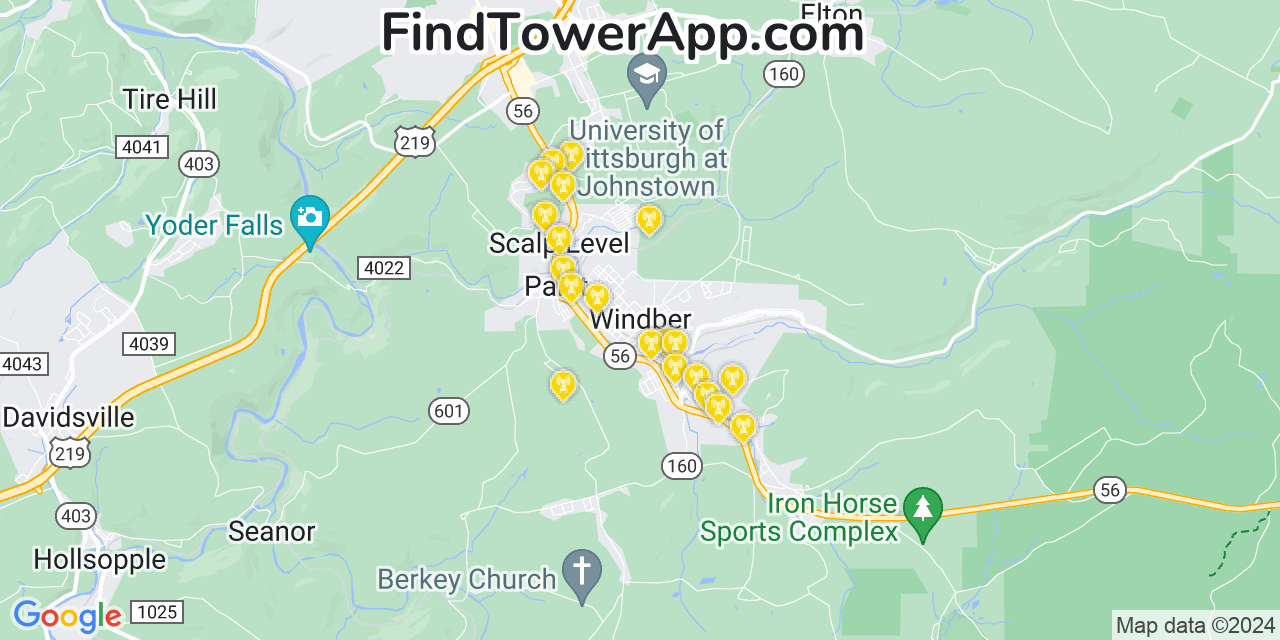 AT&T 4G/5G cell tower coverage map Windber, Pennsylvania