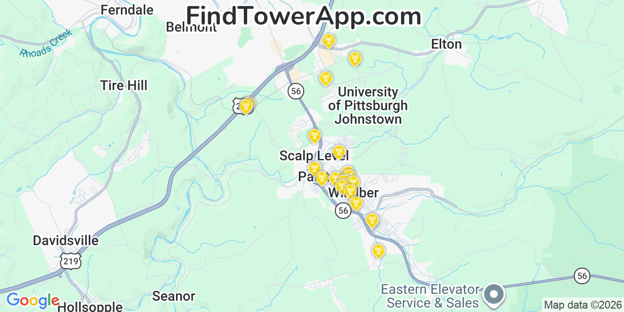 Map showing the 20 primary cell tower locations detected in Windber, Pennsylvania from AT&T, Verizon, and T-Mobile networks