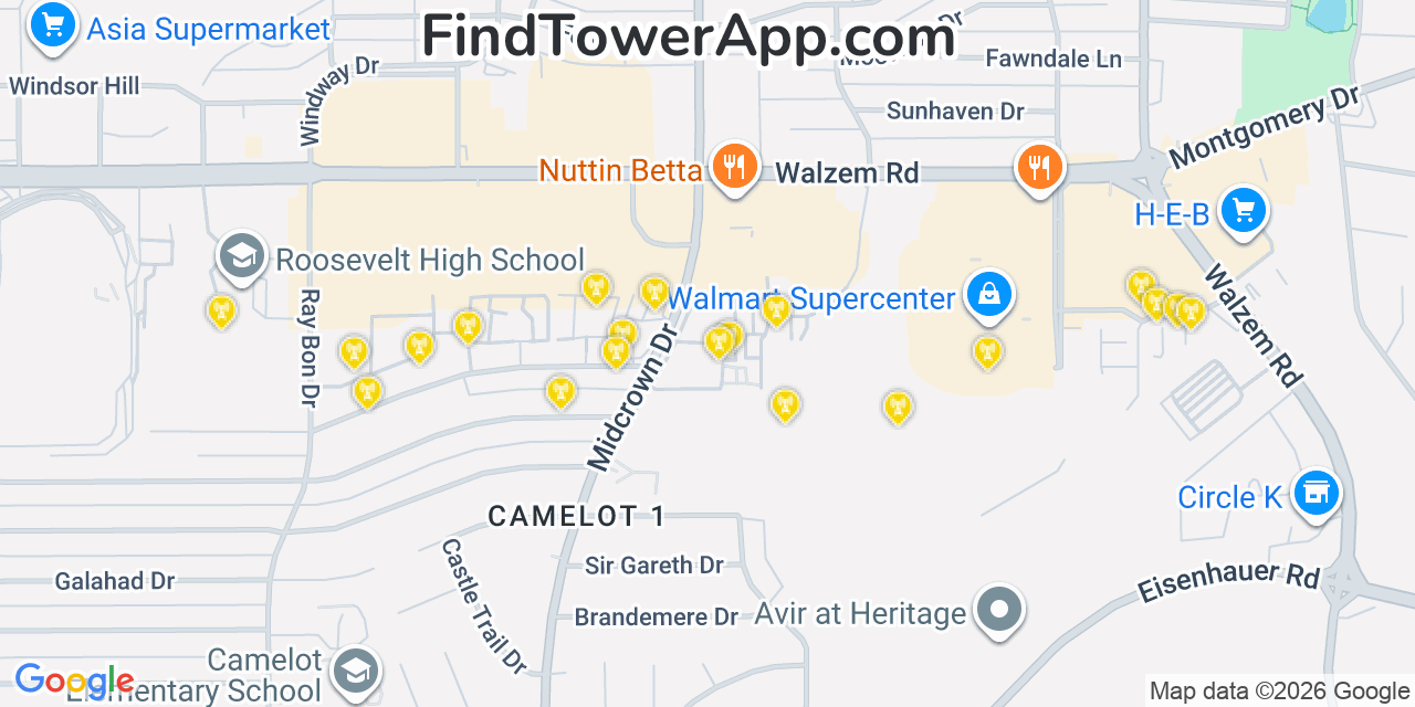 Map showing the 20 primary cell tower locations detected in Windcrest, Texas from AT&T, Verizon, and T-Mobile networks