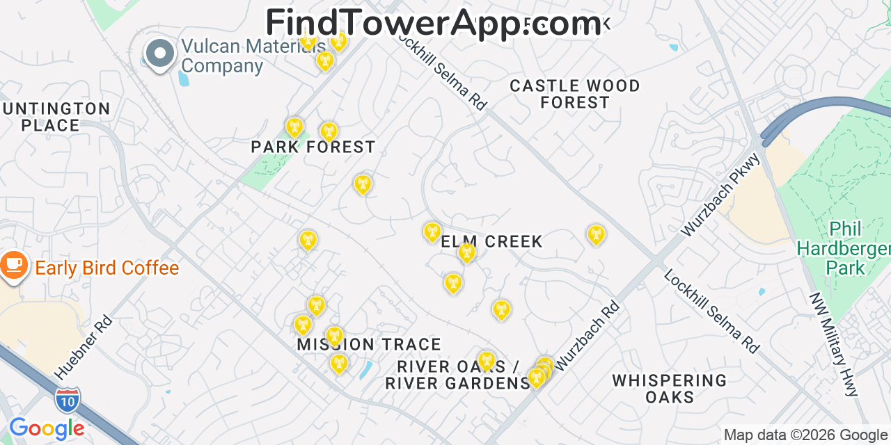 Map showing the 20 primary cell tower locations detected in Windemere, Texas from AT&T, Verizon, and T-Mobile networks