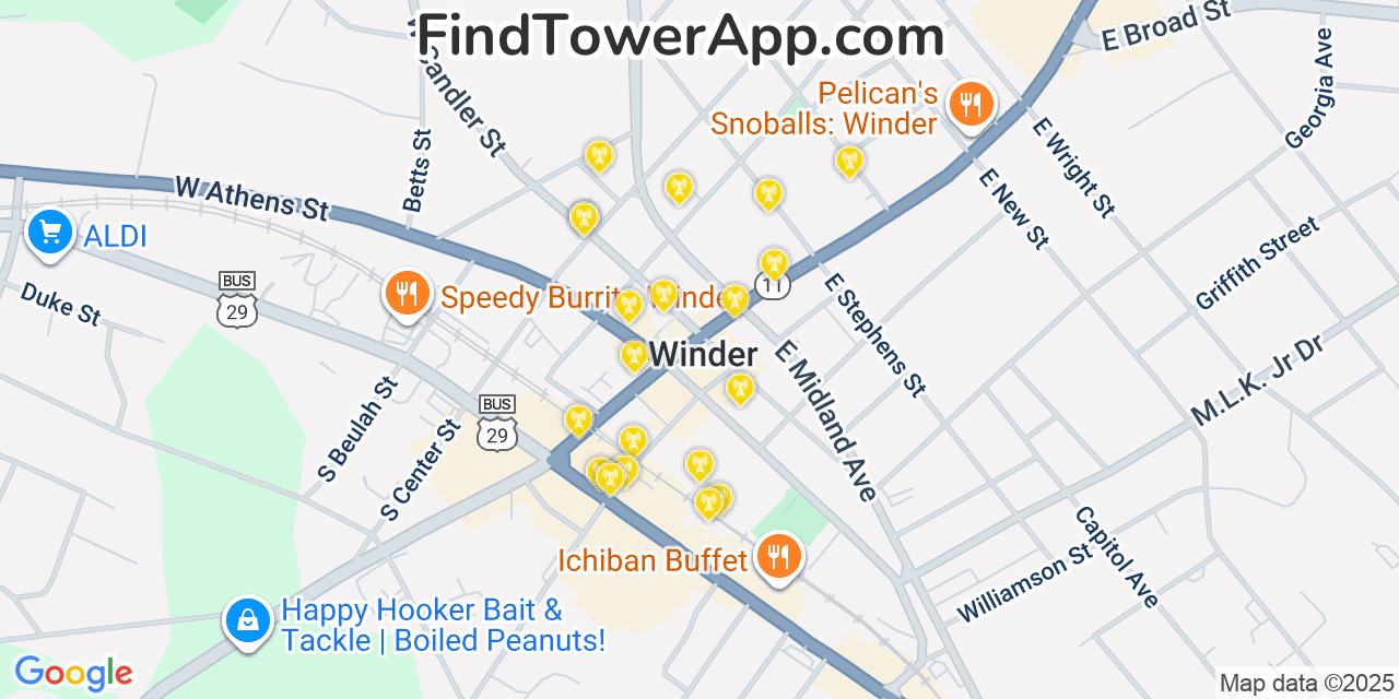Map showing the 20 primary cell tower locations detected in Winder, Georgia from AT&T, Verizon, and T-Mobile networks