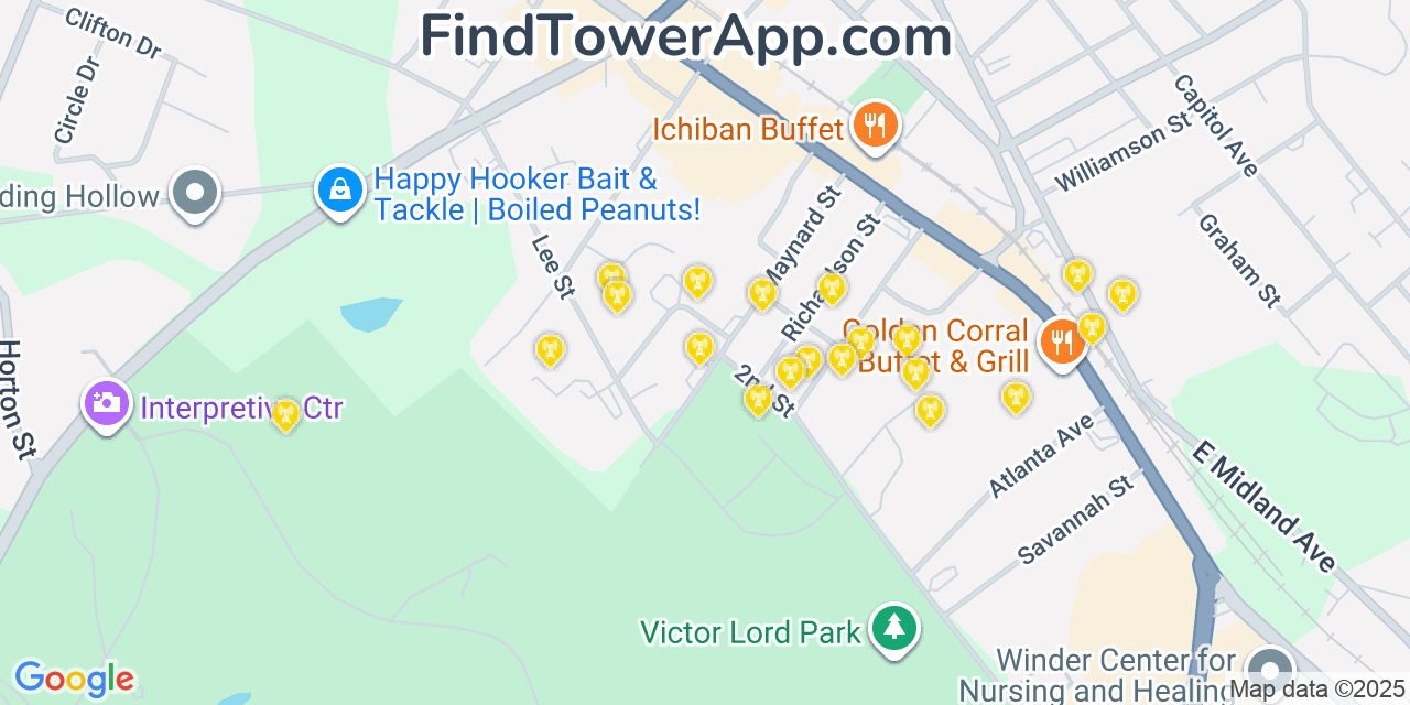 Map showing the 20 primary cell tower locations detected in Winder, Georgia from AT&T, Verizon, and T-Mobile networks
