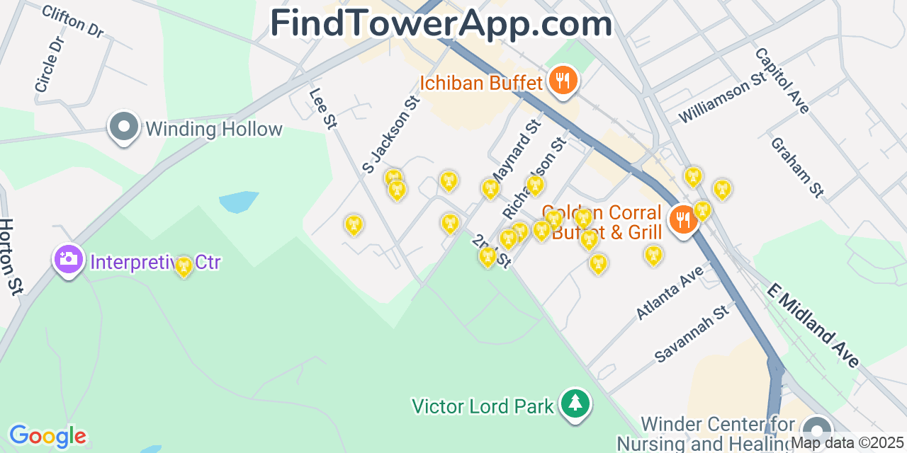 Map showing the 20 primary Mobitel cell tower locations detected in Winder, Georgia with coverage radius and signal strength indicators