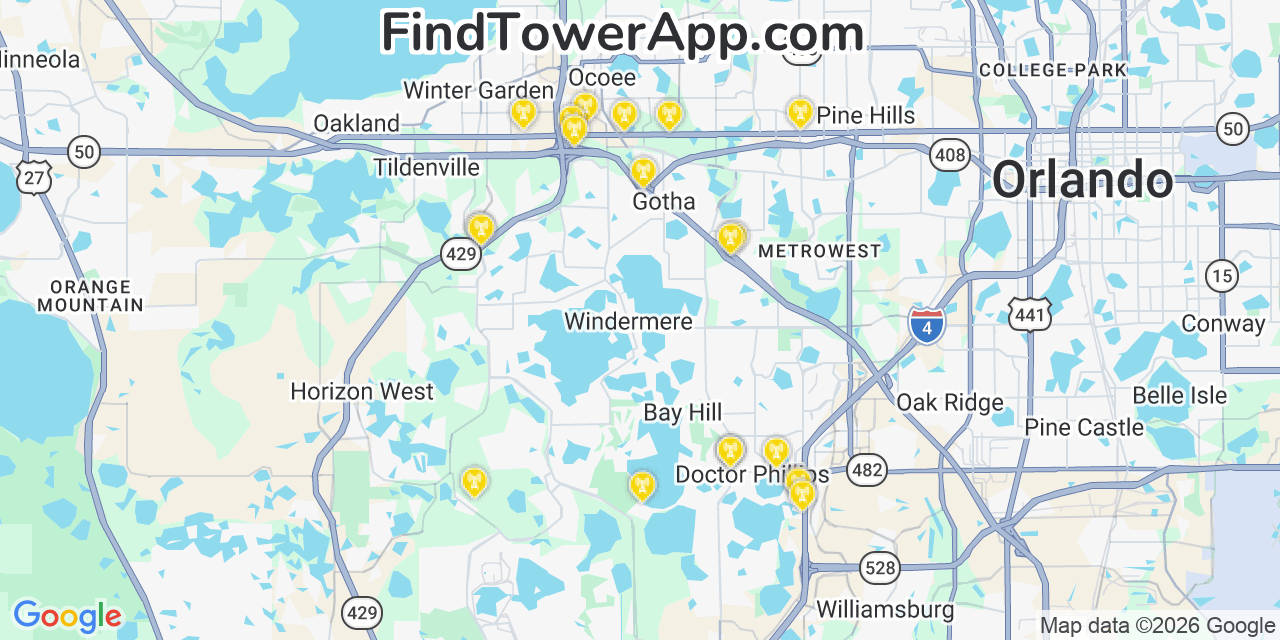 Map showing the 20 primary cell tower locations detected in Windermere, Florida from AT&T, Verizon, and T-Mobile networks