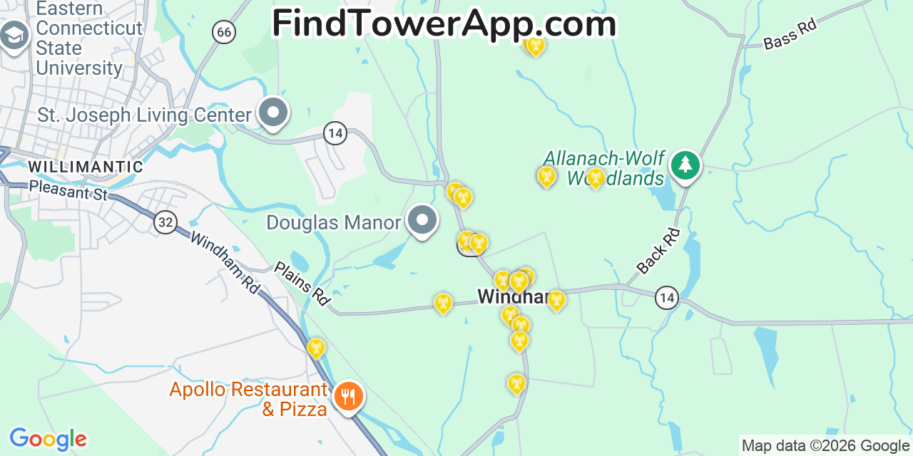 Map showing the 20 primary cell tower locations detected in Windham, Connecticut from AT&T, Verizon, and T-Mobile networks