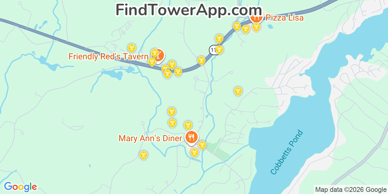 Map showing the 20 primary cell tower locations detected in Windham, New Hampshire from AT&T, Verizon, and T-Mobile networks