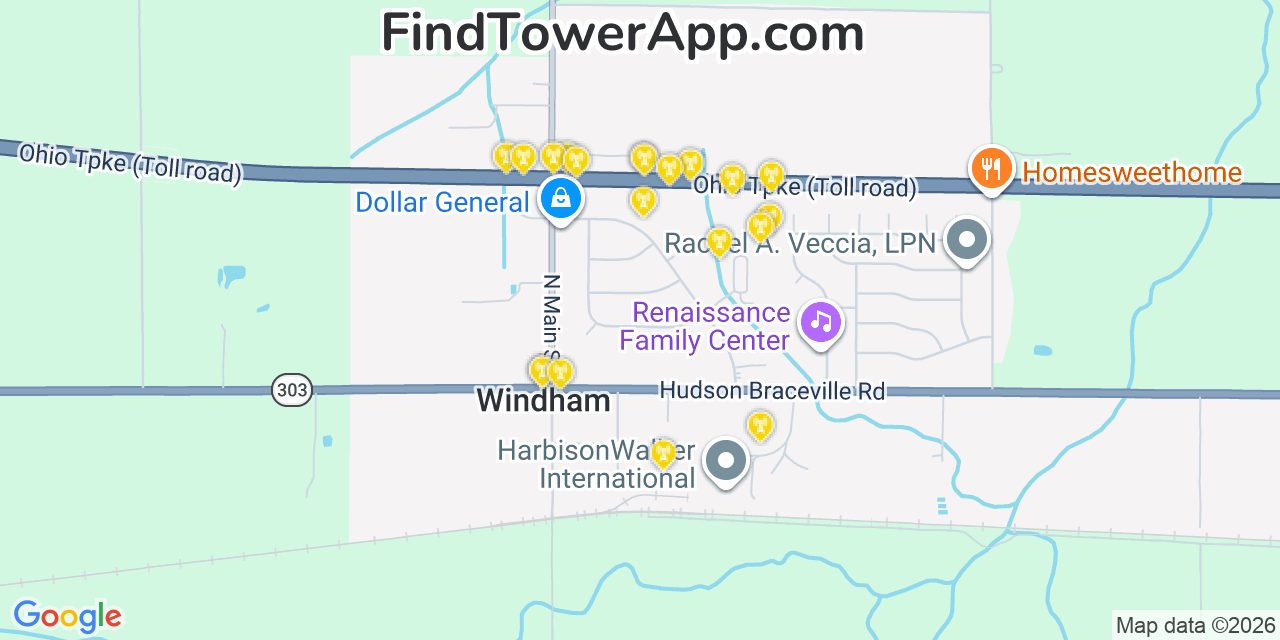 Map showing the 20 primary cell tower locations detected in Windham, Ohio from AT&T, Verizon, and T-Mobile networks