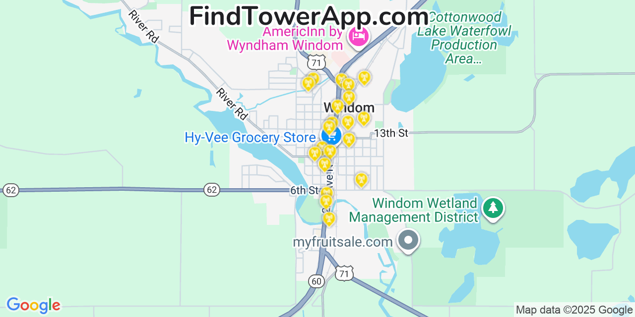 Map showing the 20 primary cell tower locations detected in Windom, Minnesota from AT&T, Verizon, and T-Mobile networks