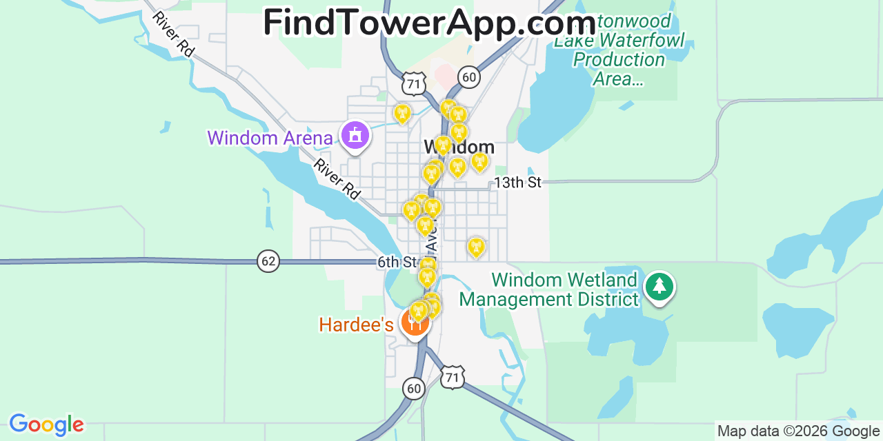Map showing the 20 primary cell tower locations detected in Windom, Minnesota from AT&T, Verizon, and T-Mobile networks