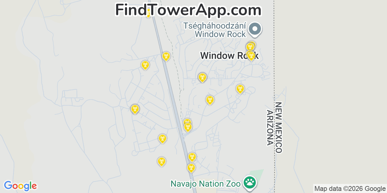 Map showing the 20 primary cell tower locations detected in Window Rock, Arizona from AT&T, Verizon, and T-Mobile networks