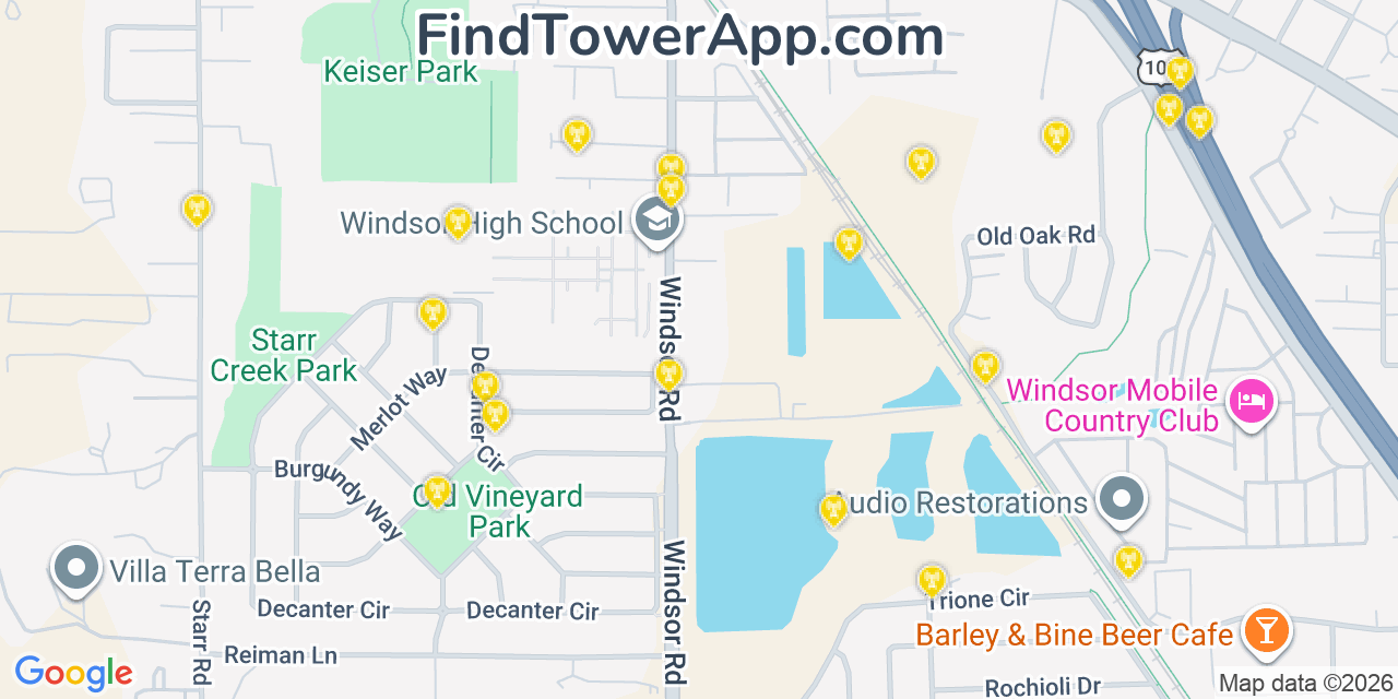 Map showing the 20 primary cell tower locations detected in Windsor, California from AT&T, Verizon, and T-Mobile networks