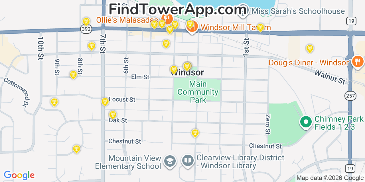 Map showing the 20 primary cell tower locations detected in Windsor, Colorado from AT&T, Verizon, and T-Mobile networks