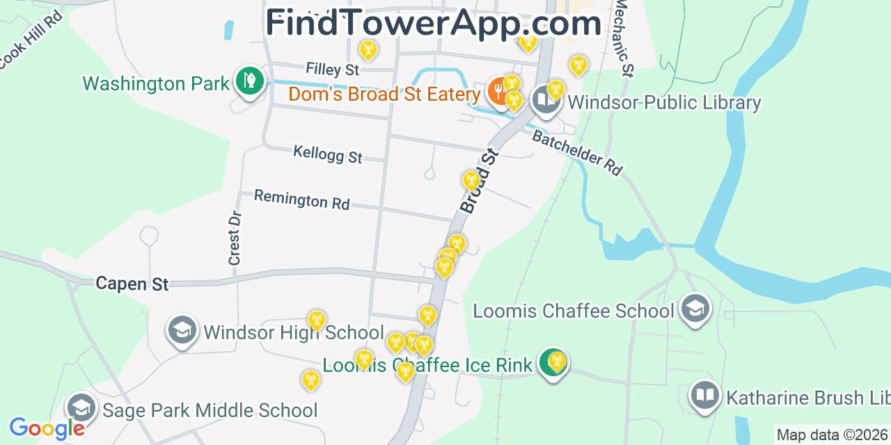 Map showing the 20 primary cell tower locations detected in Windsor, Connecticut from AT&T, Verizon, and T-Mobile networks