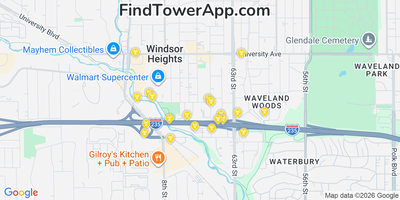 Map showing the 20 primary cell tower locations detected in Windsor Heights, Iowa from AT&T, Verizon, and T-Mobile networks