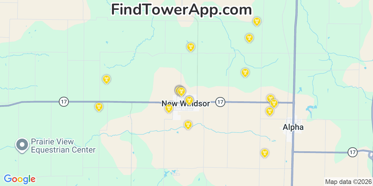 Map showing the 20 primary cell tower locations detected in Windsor, Illinois from AT&T, Verizon, and T-Mobile networks