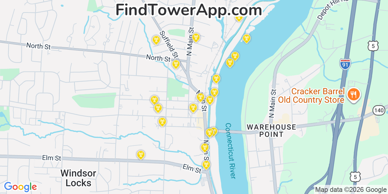 Map showing the 20 primary cell tower locations detected in Windsor Locks, Connecticut from AT&T, Verizon, and T-Mobile networks