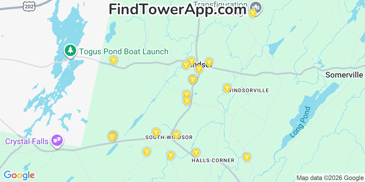 Map showing the 20 primary cell tower locations detected in Windsor, Maine from AT&T, Verizon, and T-Mobile networks