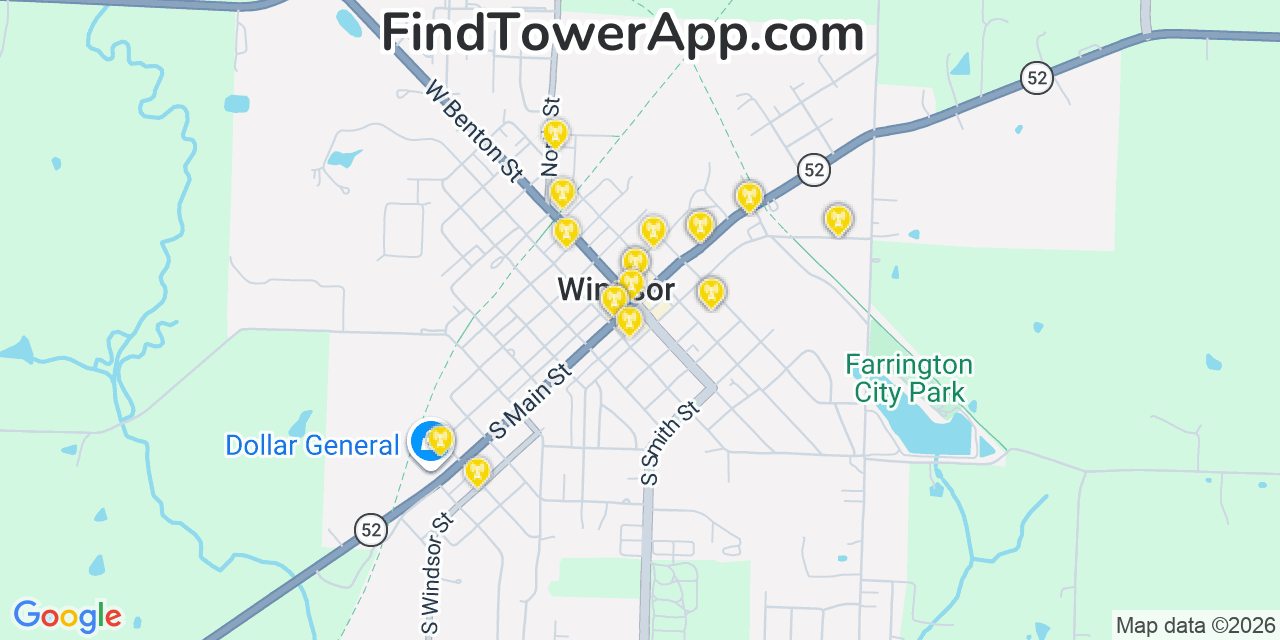 Map showing the 20 primary cell tower locations detected in Windsor, Missouri from AT&T, Verizon, and T-Mobile networks