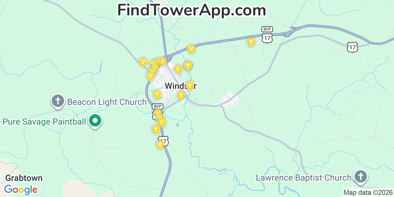 Map showing the 20 primary cell tower locations detected in Windsor, North Carolina from AT&T, Verizon, and T-Mobile networks