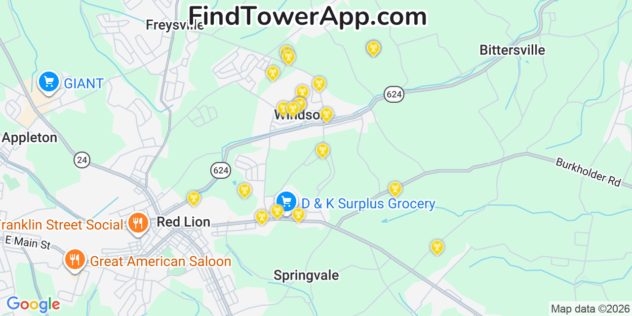 Map showing the 20 primary cell tower locations detected in Windsor, Pennsylvania from AT&T, Verizon, and T-Mobile networks