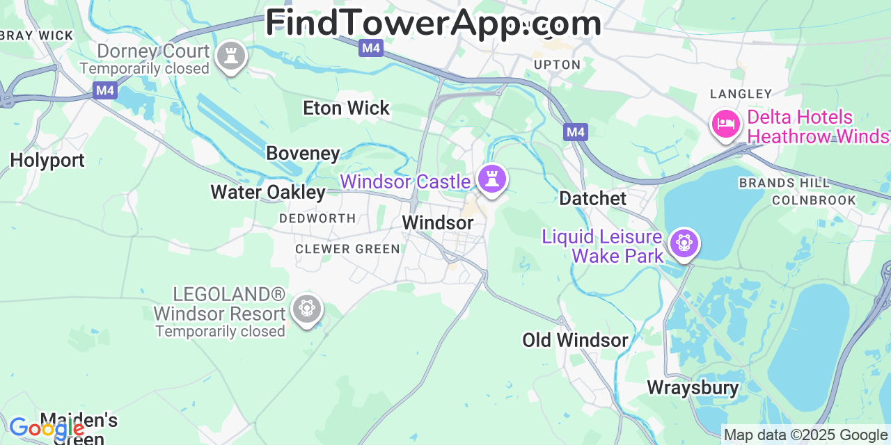 Map showing the 0 primary EE cell tower locations detected in Windsor, United Kingdom with coverage radius and signal strength indicators