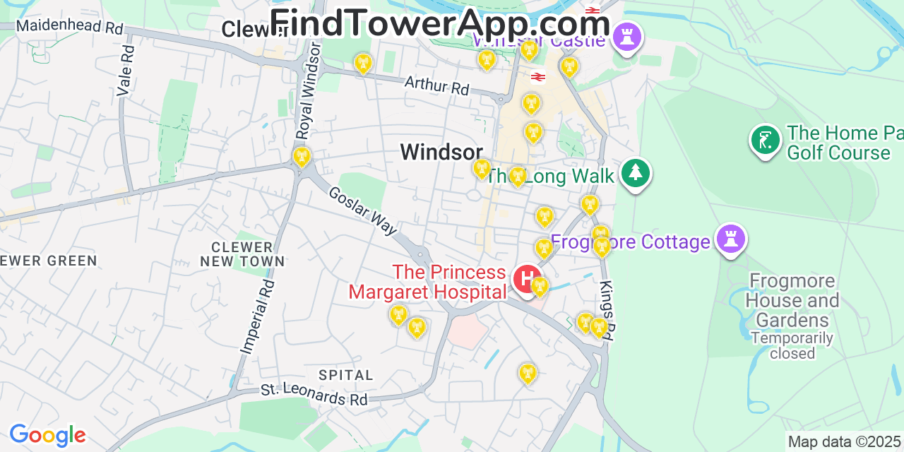 Map showing the 20 primary cell tower locations detected in Windsor, United Kingdom with coverage areas and signal strength