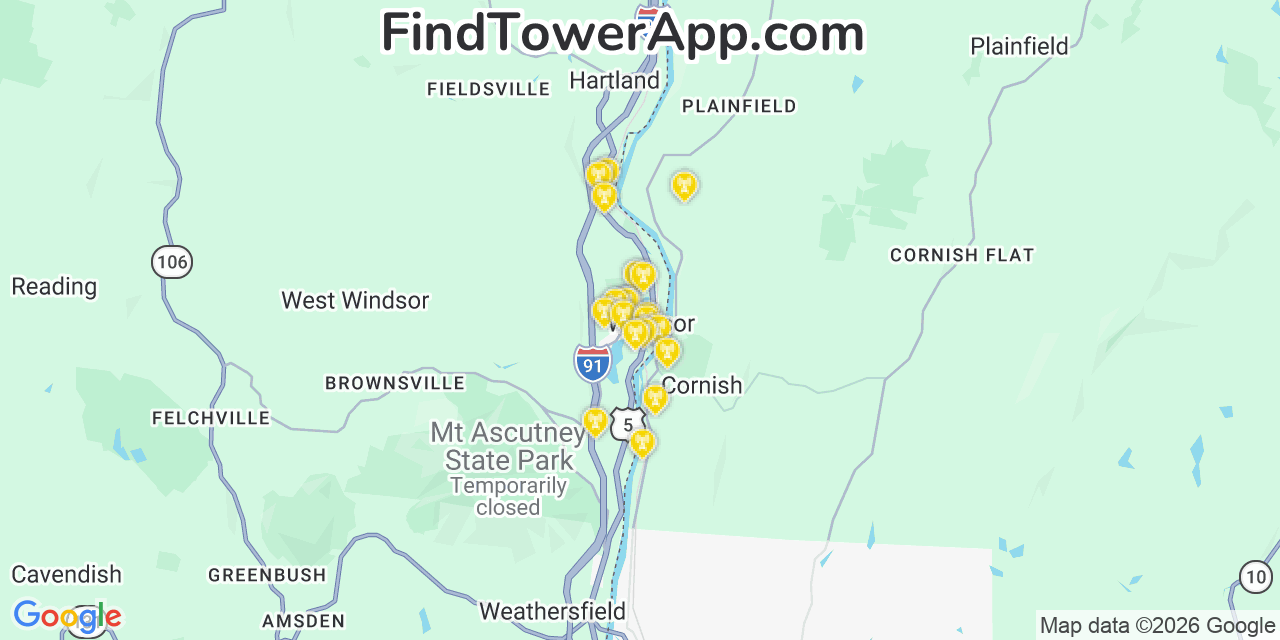 Map showing the 20 primary cell tower locations detected in Windsor, Vermont from AT&T, Verizon, and T-Mobile networks