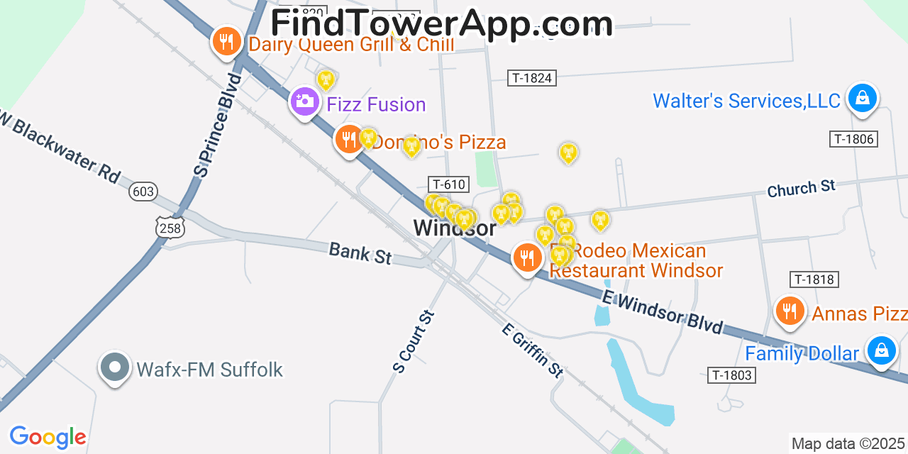 Map showing the 20 primary cell tower locations detected in Windsor, Virginia from AT&T, Verizon, and T-Mobile networks
