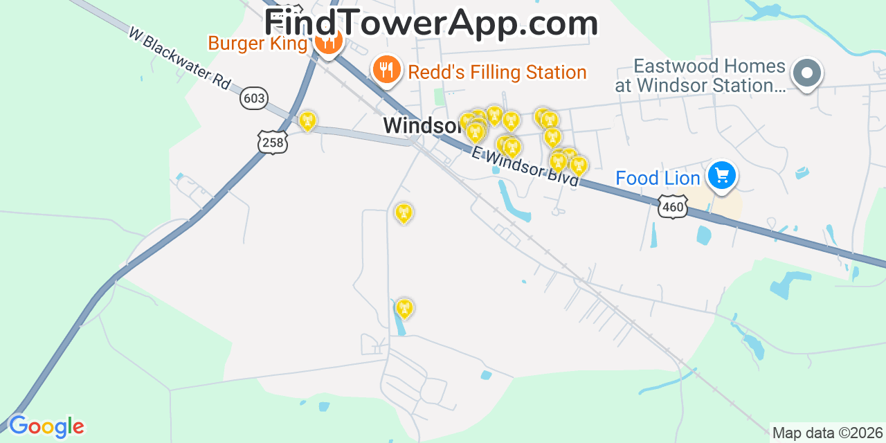 Map showing the 20 primary cell tower locations detected in Windsor, Virginia from AT&T, Verizon, and T-Mobile networks