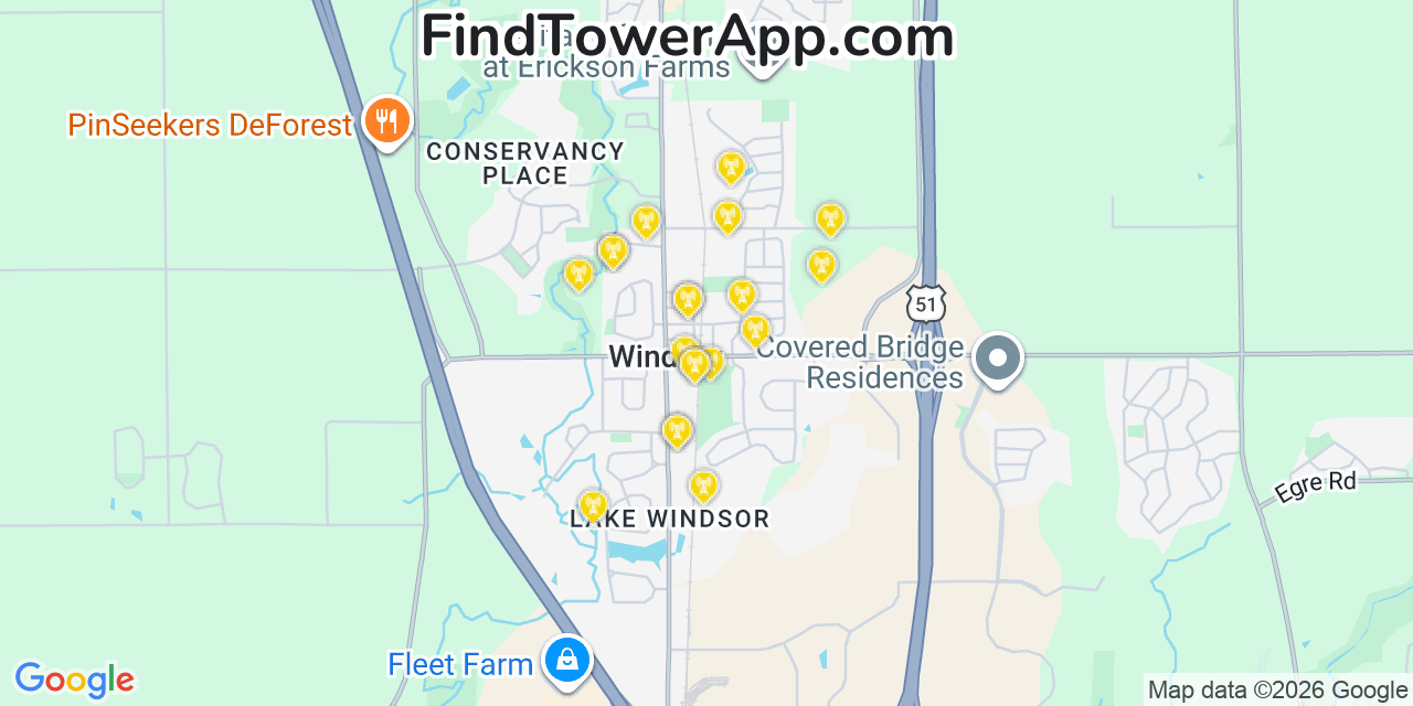 Map showing the 20 primary cell tower locations detected in Windsor, Wisconsin from AT&T, Verizon, and T-Mobile networks