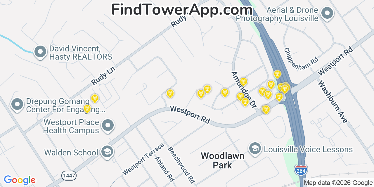 Map showing the 20 primary cell tower locations detected in Windy Hills, Kentucky from AT&T, Verizon, and T-Mobile networks