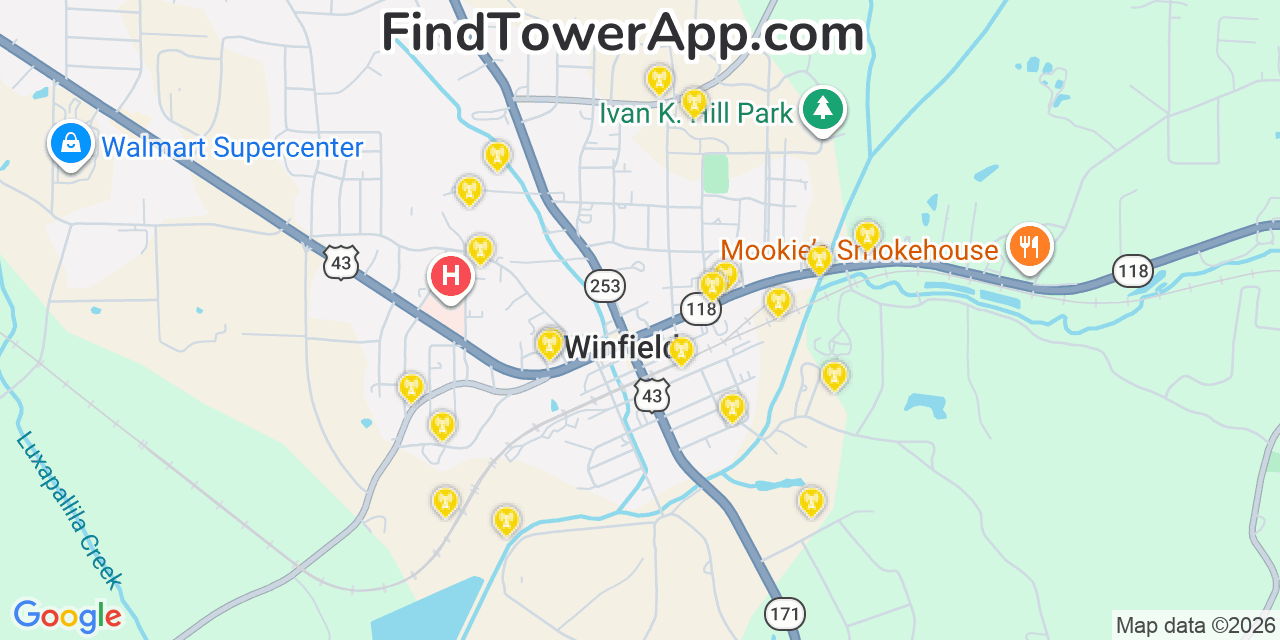 Map showing the 20 primary cell tower locations detected in Winfield, Alabama from AT&T, Verizon, and T-Mobile networks