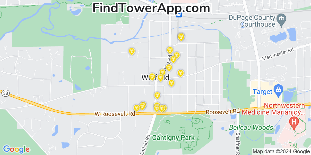 AT&T 4G/5G cell tower coverage map Winfield, Illinois