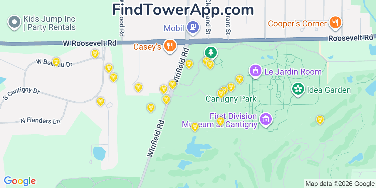 Map showing the 20 primary cell tower locations detected in Winfield, Illinois from AT&T, Verizon, and T-Mobile networks