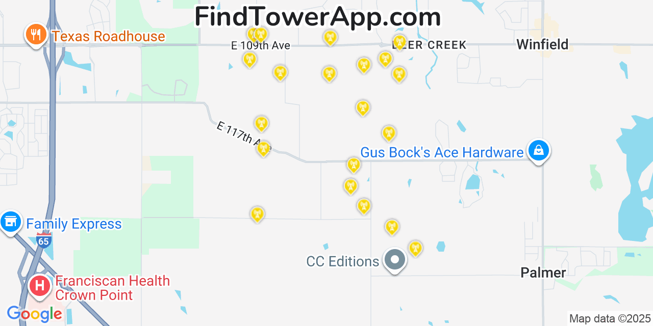 Map showing the 20 primary cell tower locations detected in Winfield, Indiana from AT&T, Verizon, and T-Mobile networks